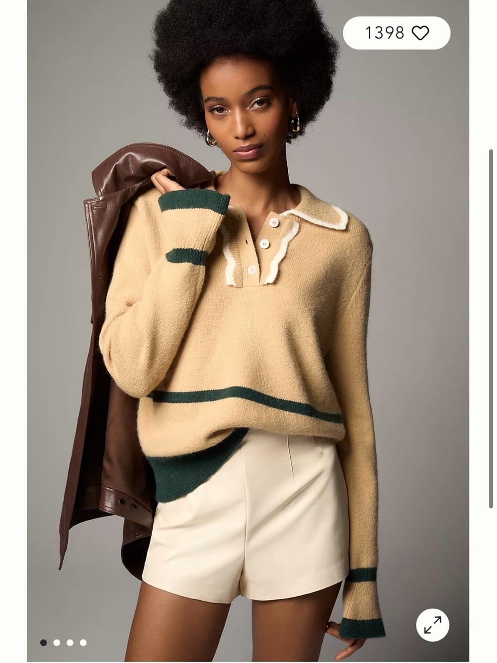 Anthropologie Cream Sweater with Dark Green Trim